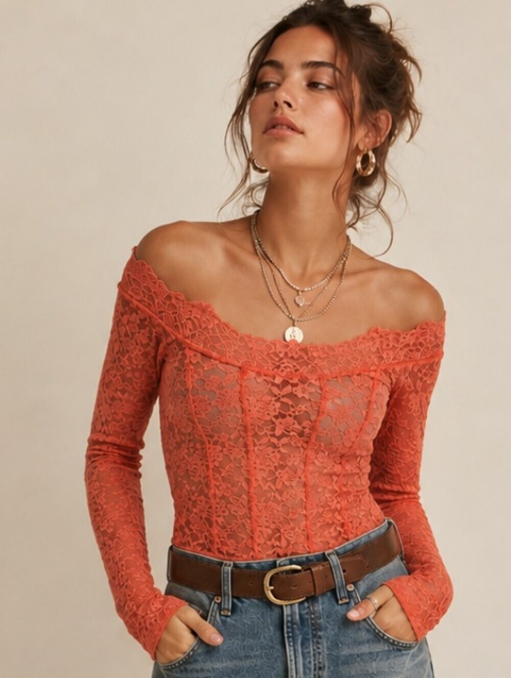 Intimately Free People Coral Peach Lace Off Shoulder Top Medium EUC